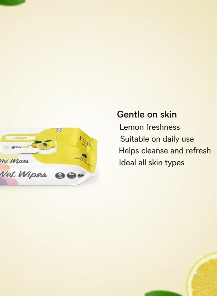 Globalstar Lemon Wet Wipes – 120pcs x 3, Alcohol-Free Moist Towelettes for Gentle Skin Care - Image 3